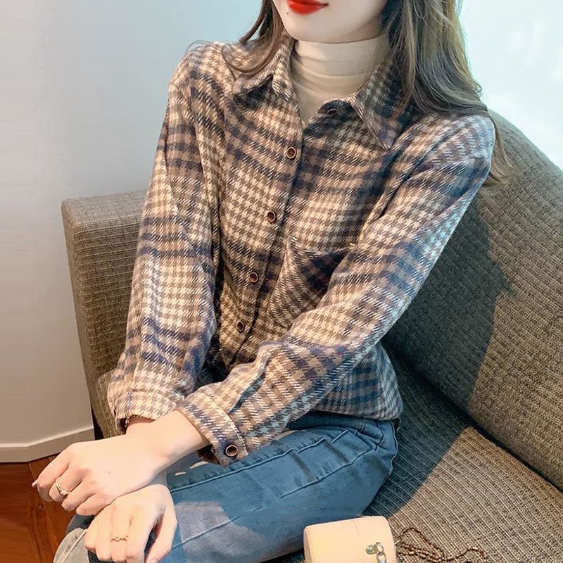 磨毛長袖格紋襯衫外套女秋冬新款港風加絨加厚外搭翻領襯衣ins潮