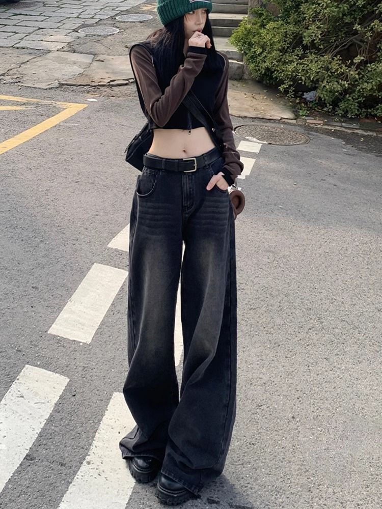 美式復古闊腿牛仔褲女2023秋季新款高腰寬鬆垂感直筒高街拖地長褲