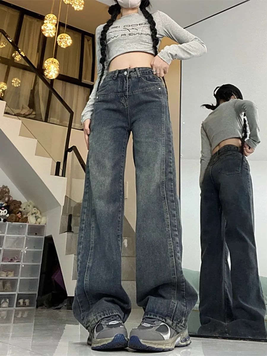美式復古闊腿牛仔褲女2023秋冬新款高腰寬鬆顯瘦直筒垂感拖地褲子