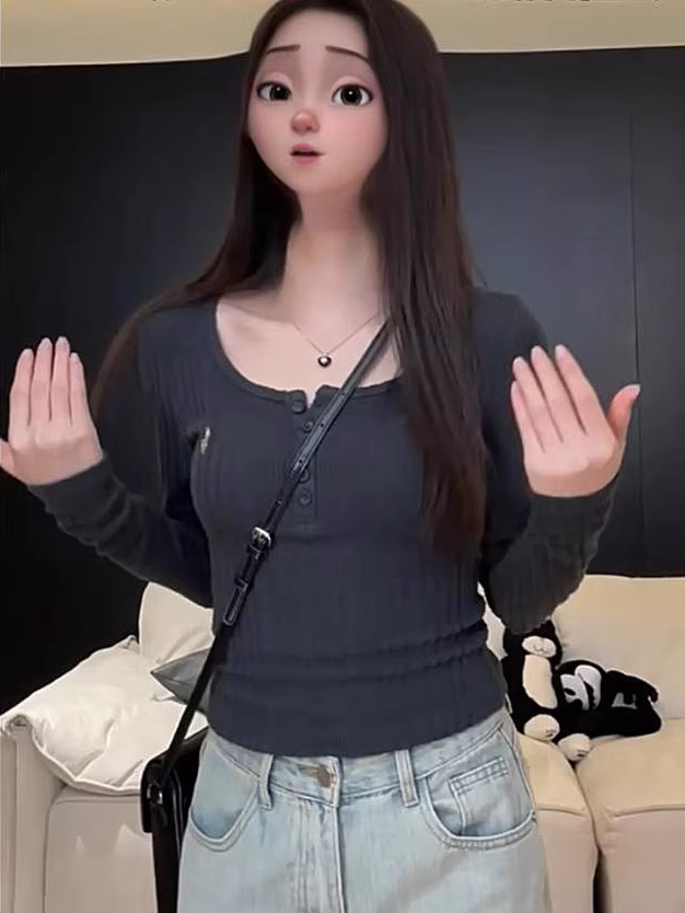 深灰色短款辣妹秋冬坑條紋設計修身U領繡花長袖打底上衣