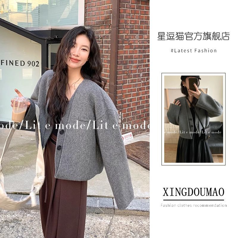 Double layer coat for women  autumn and winter new loose Korean style small fake two-piece suit wool double-sided nylon coat