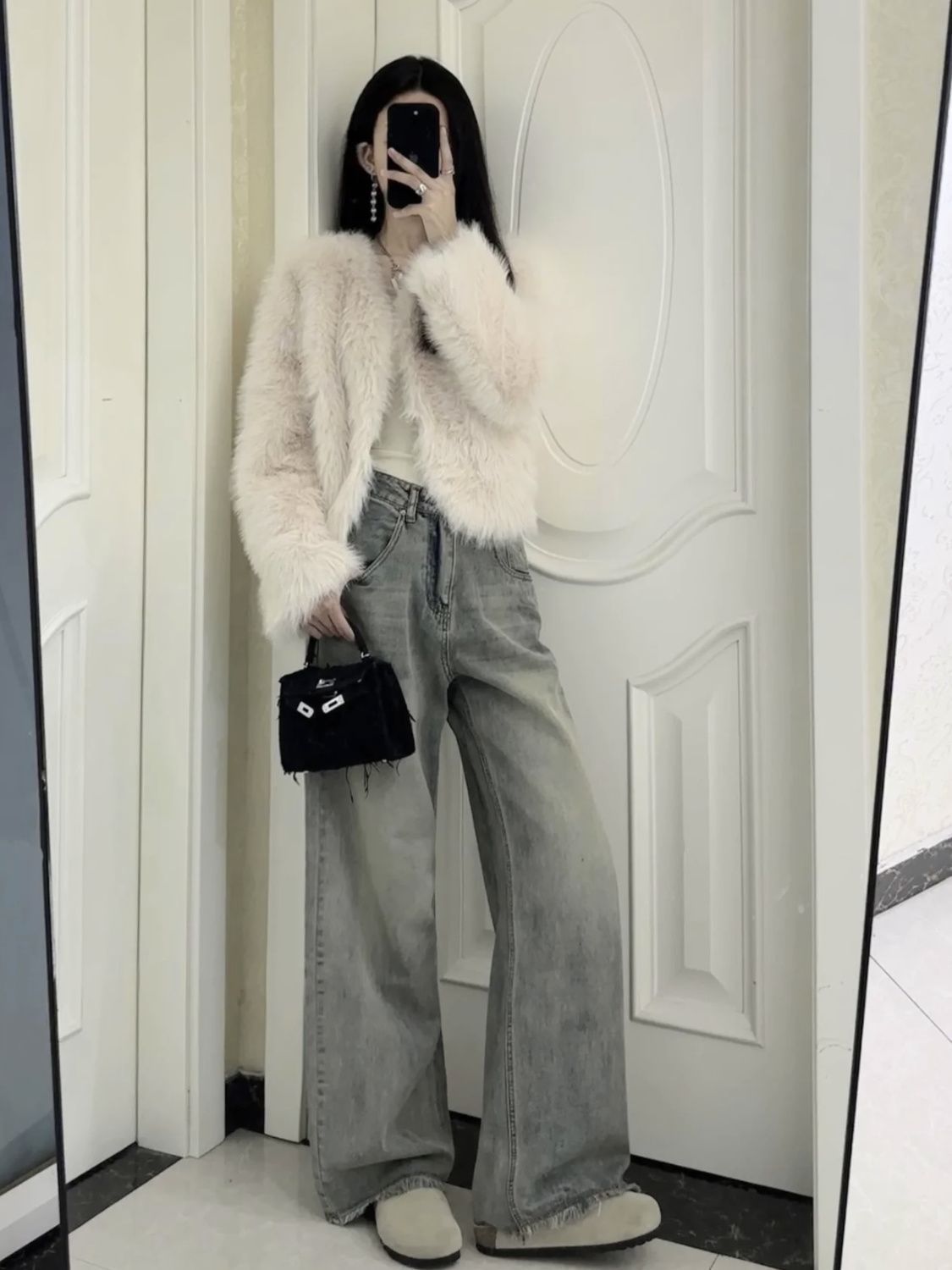 美式高腰闊腿牛仔褲女秋冬季2023新款小眾設計感顯瘦毛邊直筒褲