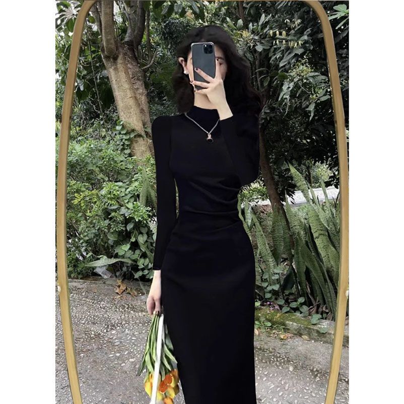 純欲半高領修身性感連衣裙女2023秋冬新款黑色內搭打底裙長款