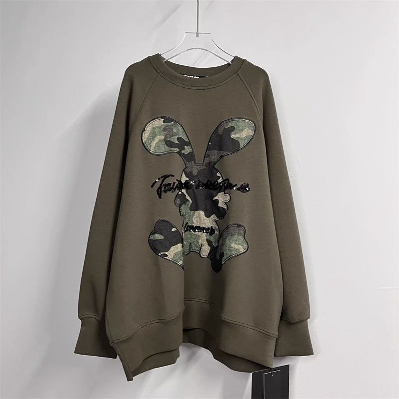 Fat sister loose European style new cartoon embroidered letters camouflage rabbit long-sleeved sweatshirt women's round neck autumn and winter style
