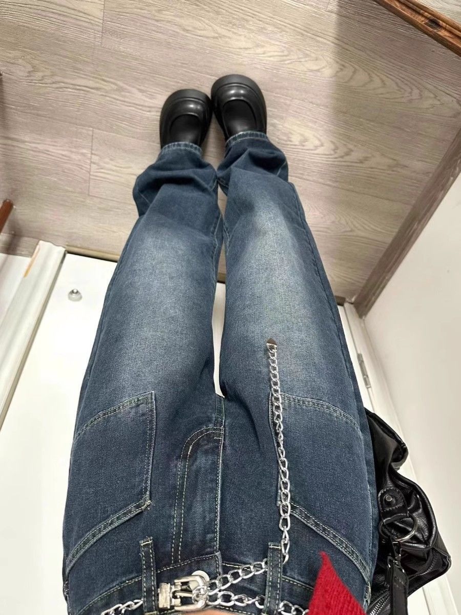 美式復古闊腿牛仔褲女秋冬新款高腰寬鬆顯瘦垂感直筒拖地褲ins潮
