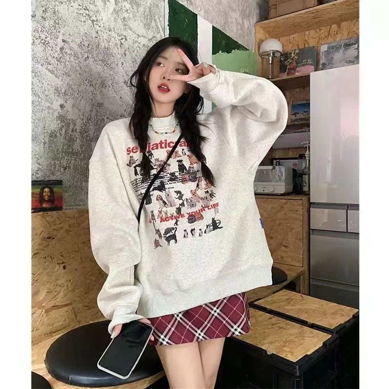 美式國潮字母印花圓領衛衣女秋冬寬鬆ins潮牌設計感情侶加絨上衣
