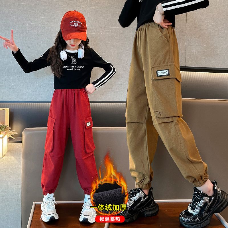女童褲子秋冬2023新款兒童工裝休閒長褲中大童冬季加絨運動衛褲潮