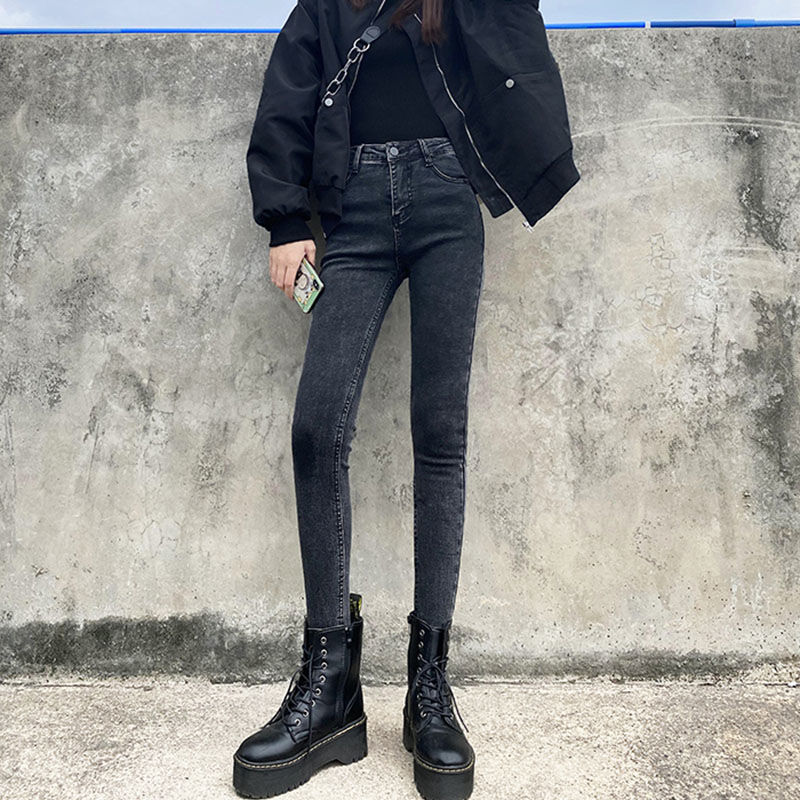 休閒高腰牛仔褲女加絨2023新款緊身提臀外穿百搭小腳鉛筆褲收腹