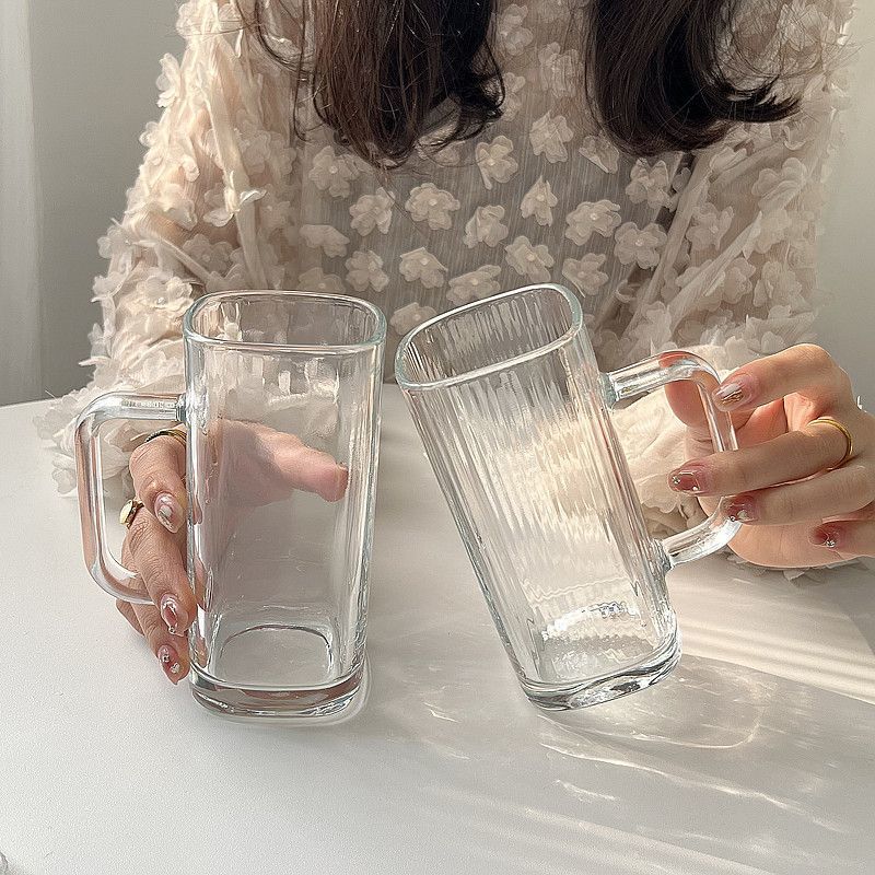 简约风i玻璃带把直身方杯小众设计牛奶杯饮料杯奶昔杯手柄咖啡杯