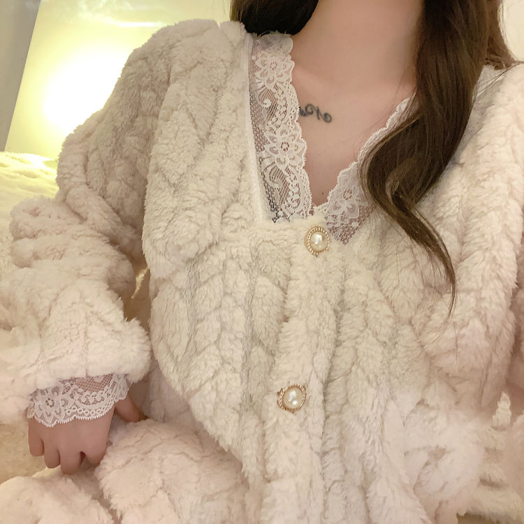 珊瑚絨睡衣女秋冬季加絨加厚長袖甜美v領蕾絲邊可外穿家居服套裝