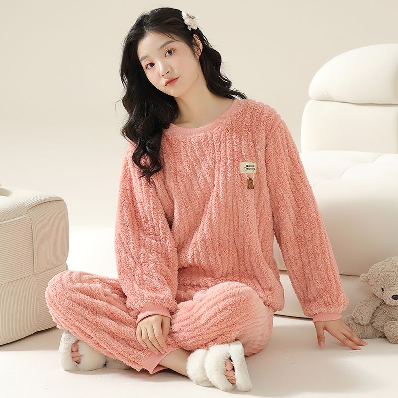 2023年新款冬天法蘭絨珊瑚絨睡衣女秋冬季加絨加厚保暖家居服套裝