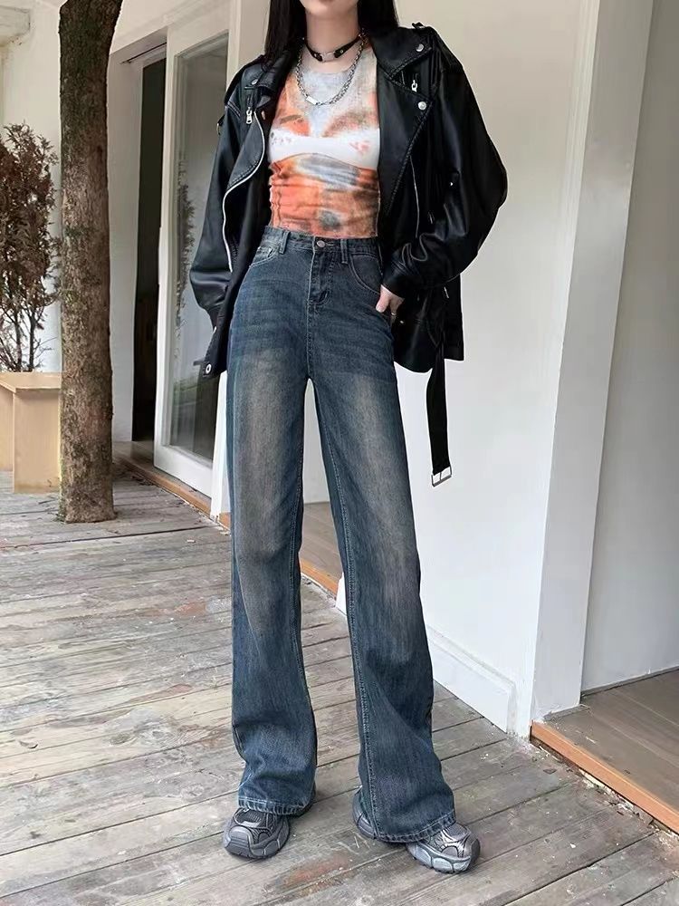 American retro micro-flared jeans for women in autumn and winter new high-waisted slim loose high-street straight wide-leg pants trendy