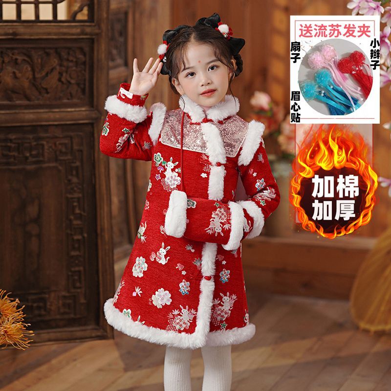 女童改良旗袍公主裙冬裝裙子國潮亮片禮服連衣裙冬季漢服加厚唐裝