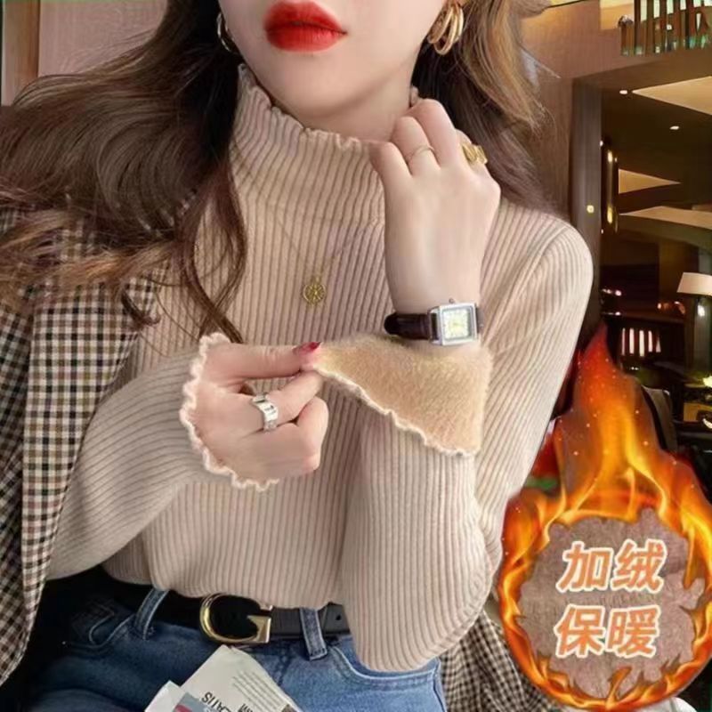 半高領木耳邊一體絨毛衣女加絨加厚百搭套頭內搭氣質打底針織衫