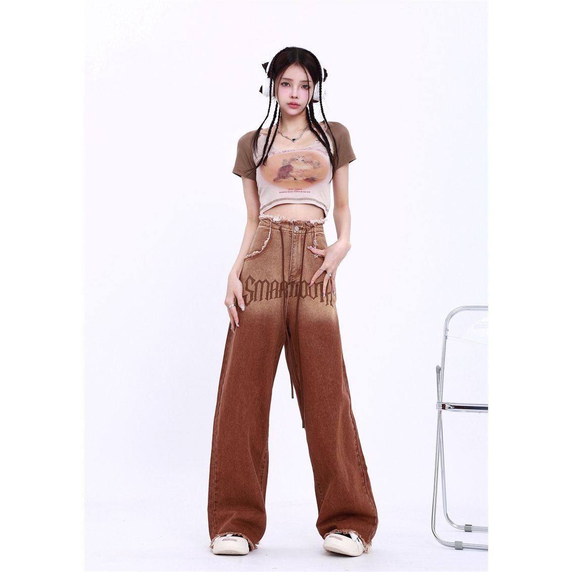 秋季新款設計感美式復古毛邊直筒牛仔褲女顯瘦拖地長褲棕色闊腿褲