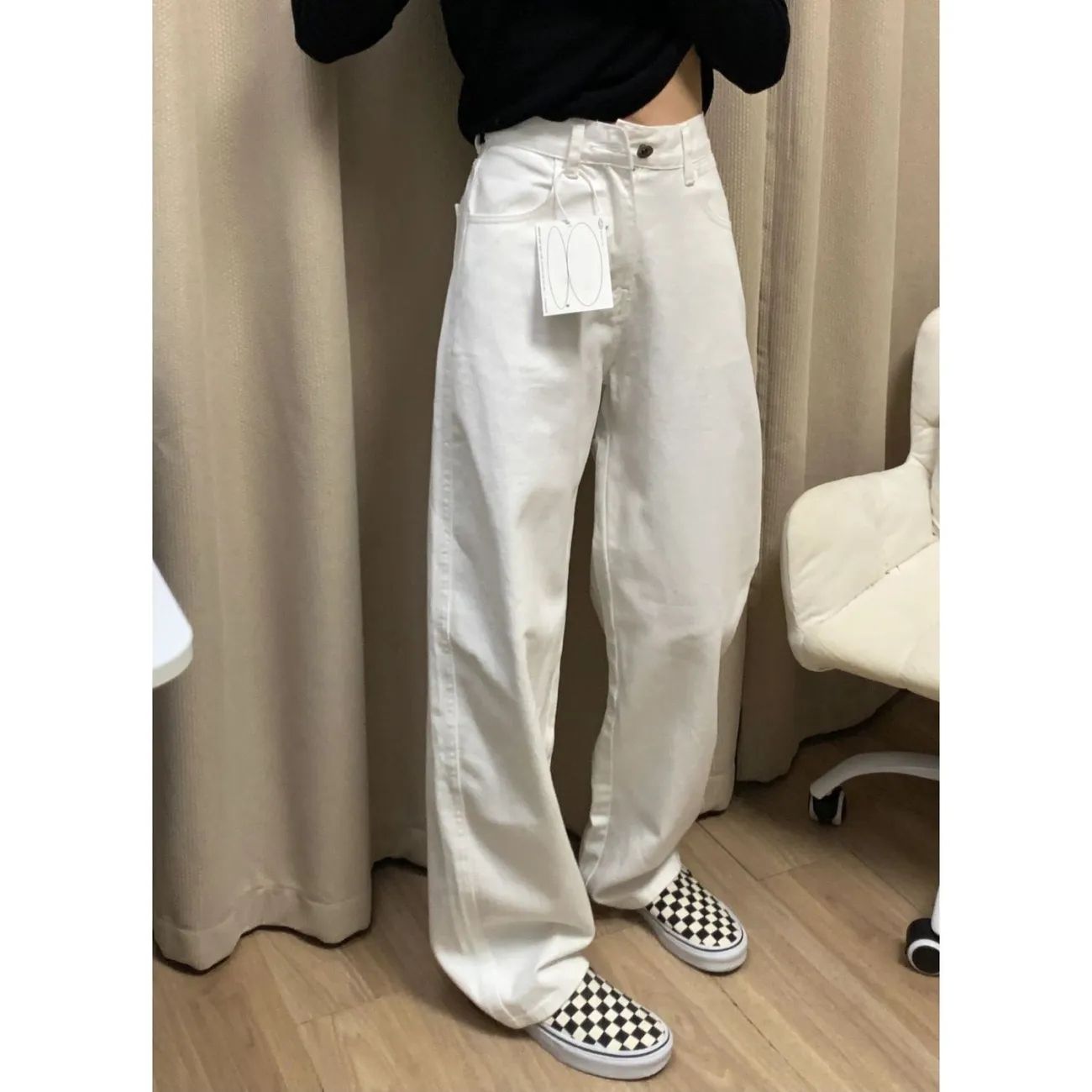 白色窄版闊腿牛仔褲女秋冬新款高腰垂感拖地褲寬鬆顯瘦直筒褲子潮