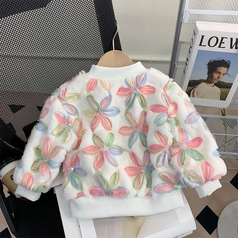 Children's  Flower Winter Girls New Style Plush Thickened Warm Loose Furry Tops and Jackets for Baby Girls