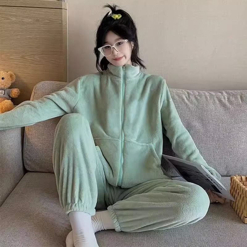 珊瑚絨睡衣女款秋冬季加厚加絨保暖純色拉鏈休閒外穿法蘭絨家居服