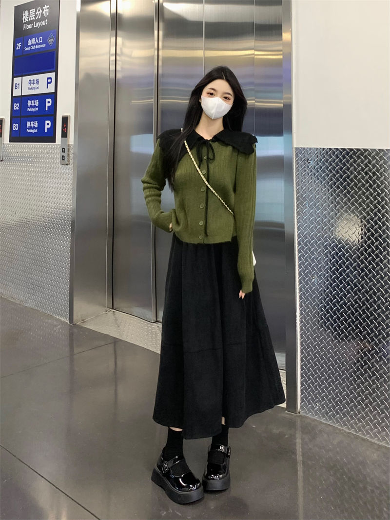 秋冬新款大碼胖mm奶系穿搭娃娃領毛衣燈芯絨半身裙子顯瘦兩件套裝