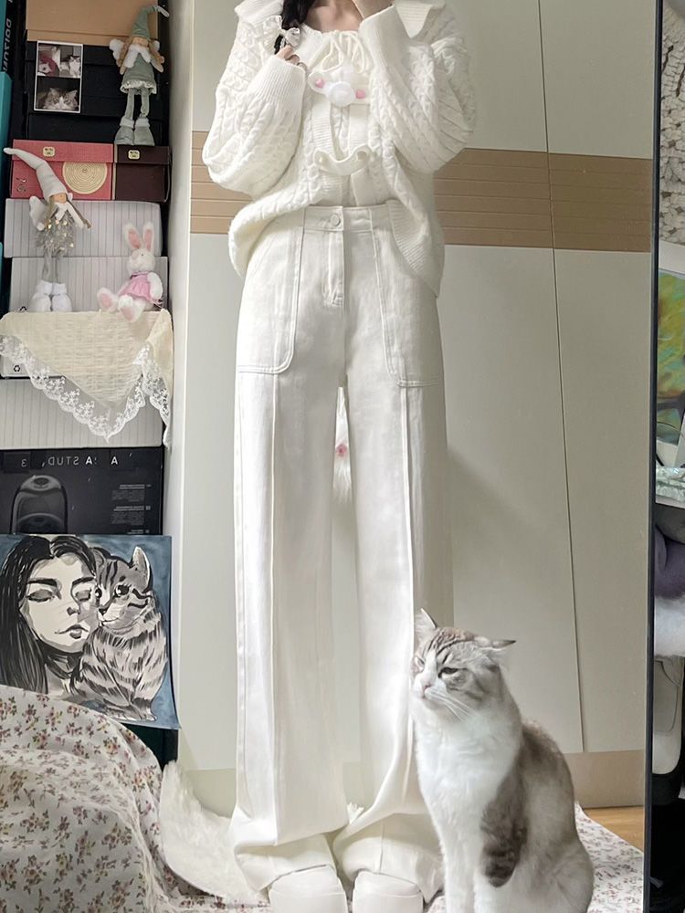 美式設計感白色直筒牛仔褲女秋冬新款高腰顯瘦寬鬆百搭闊腿拖地褲