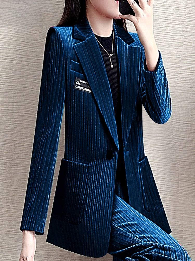 西裝外套女2023新款時尚氣質高級感孔雀藍燈芯絨西服正裝職場工服