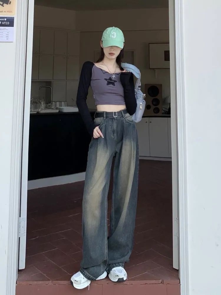 美式復古水泥灰闊腿牛仔褲女2023秋冬新款高腰寬鬆顯瘦拖地褲子潮