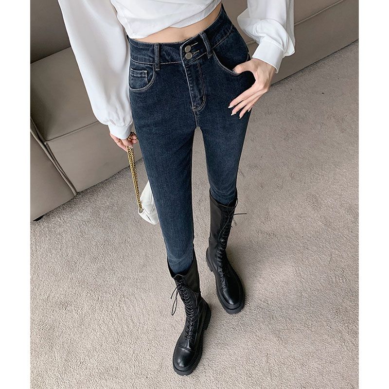 藍灰時尚韓版小腳牛仔褲女秋冬2023新款高腰雙排扣顯高顯瘦鉛筆褲