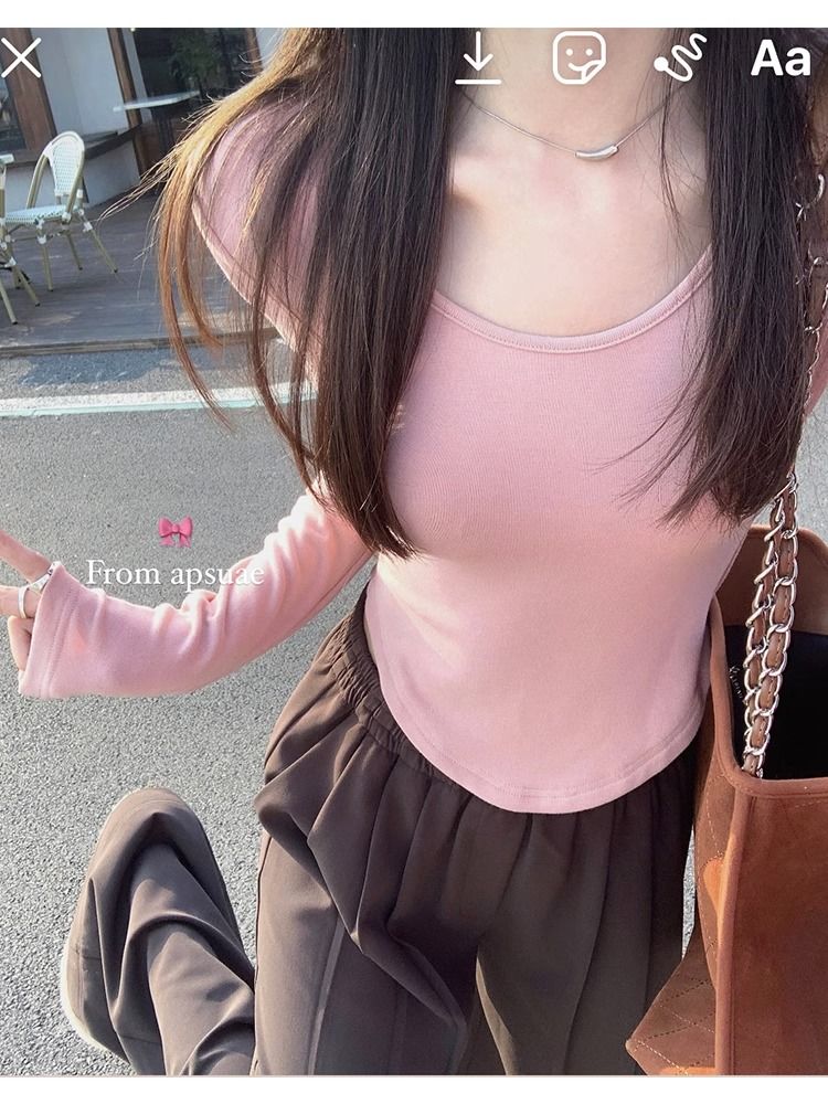 德絨純色長袖T恤打底加絨加厚保暖新款女秋冬修身短款百搭上衣ins