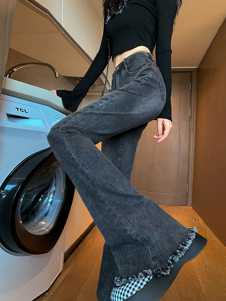 秋冬新款復古毛邊微喇牛仔褲女2023爆款高腰直筒修身彈力喇叭褲子