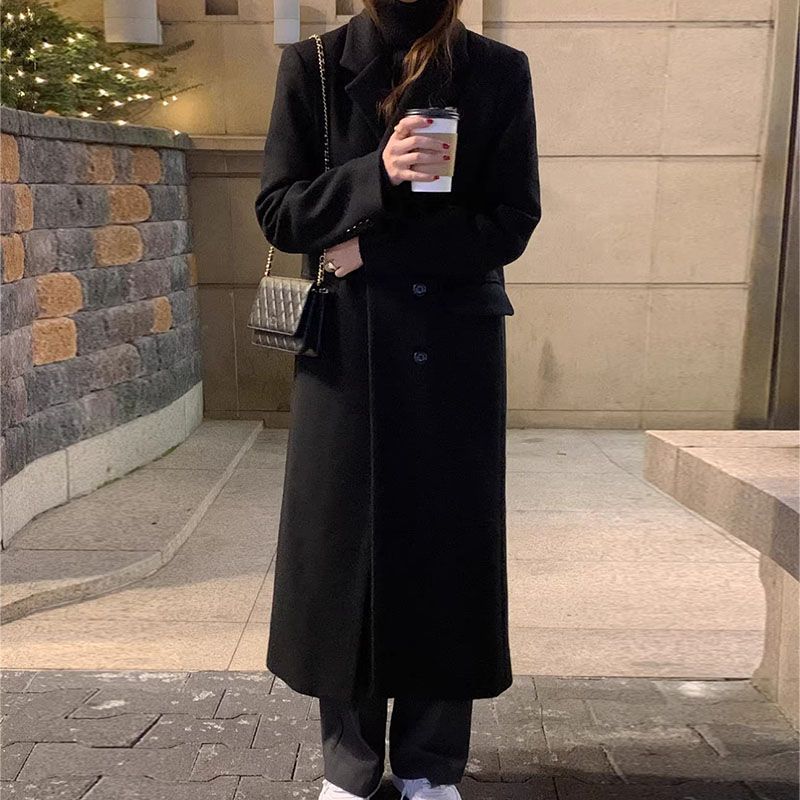 黑色毛呢外套女2023年秋冬百搭中長款加厚過膝高檔赫本風呢子大衣