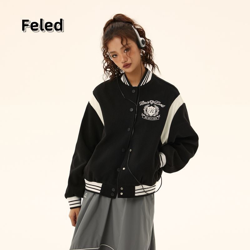 Feila Denton American retro street hottie short black splicing baseball uniform for men and women loose casual jacket trendy