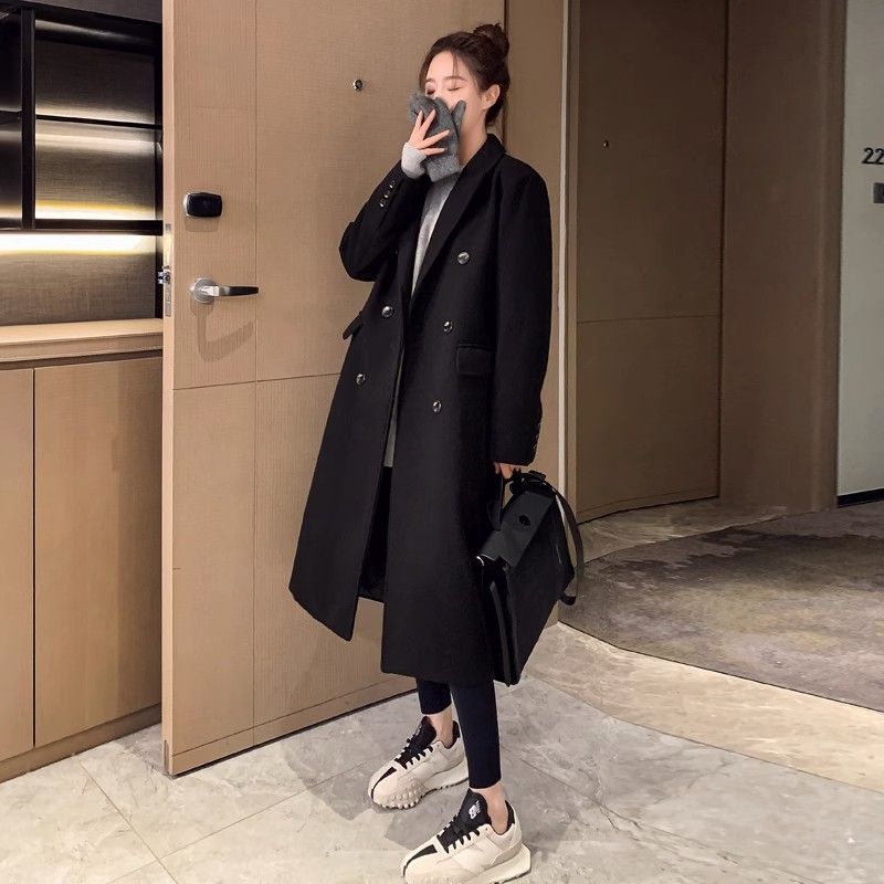 黑色呢子大衣女2023新款冬季加厚西裝領韓系正肩赫本風毛呢外套