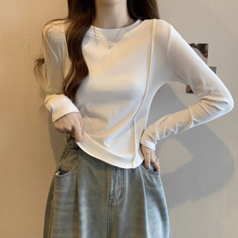 拼接圓領長袖德絨打底衫女秋冬新款韓版白色修身顯瘦短款百搭上衣
