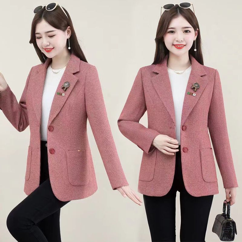 Plaid blazer women's mid-length 2023 new Korean style spring and autumn loose middle-aged women's mother's top