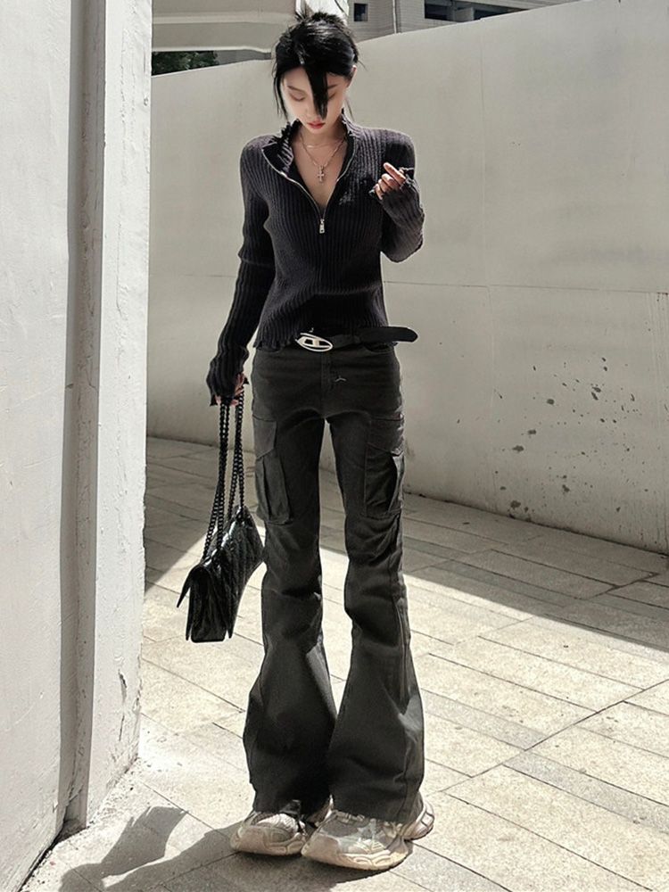 American hot girl gray bootcut overalls for women in autumn and winter new high-waist slim slim straight horseshoe flared pants