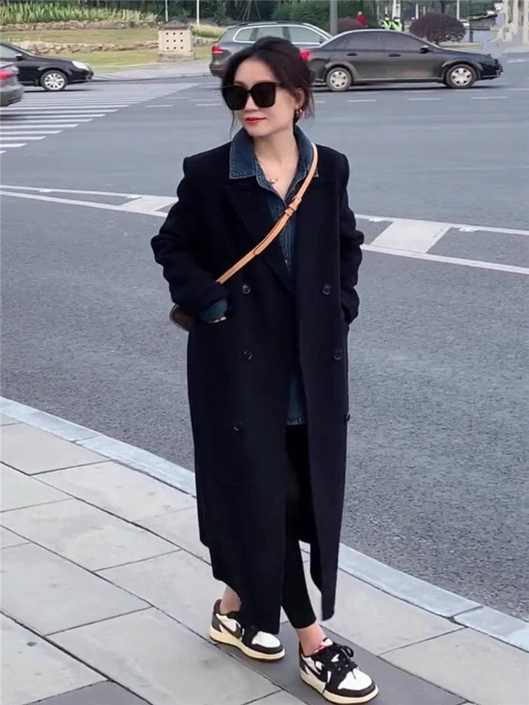 歐貨黑色雙面呢子大衣女中長款秋冬新款韓系高級感赫本風毛呢外套