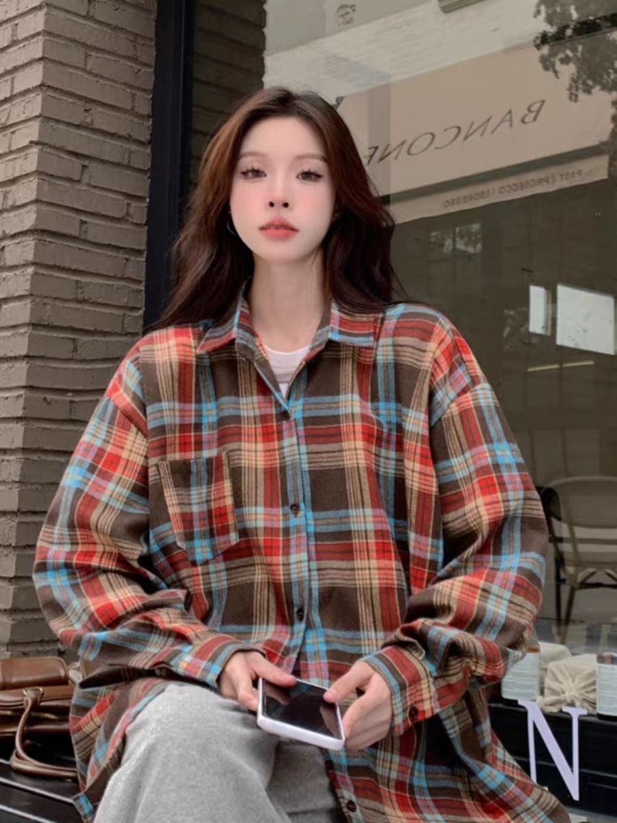 復古格子襯衫女春秋港味寬鬆上衣厚實長袖百搭中長款顯瘦襯衣外套