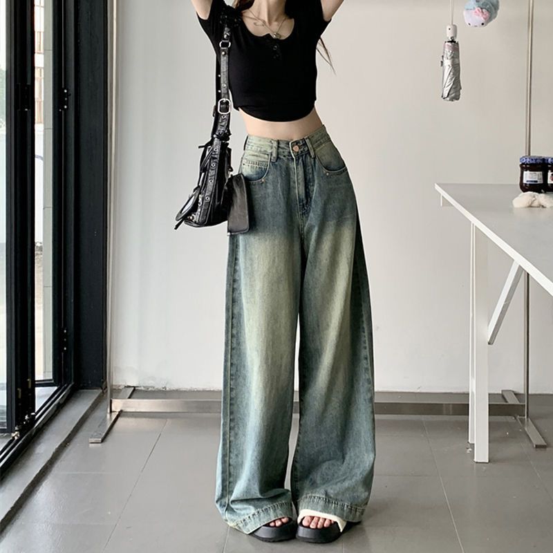 美式復古做舊水洗牛仔闊腿褲女秋季小個子高腰顯瘦拖地褲直筒褲子