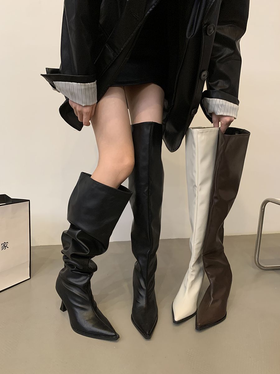 Hot girl pile boots extra wide boots for women 2023 new slim pointed toe high heel soft leather boots over the knee boots
