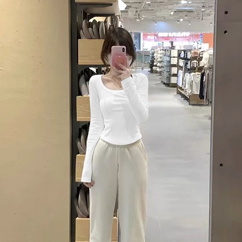 白色打底衫女秋冬新款保暖內搭短款魚骨上衣修身德絨磨毛長袖t恤