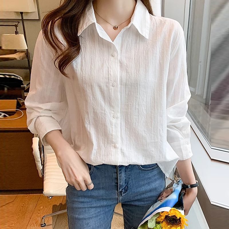 條紋白色長袖襯衫女春秋新款港風chic寬鬆氣質百搭顯瘦Polo領襯衣