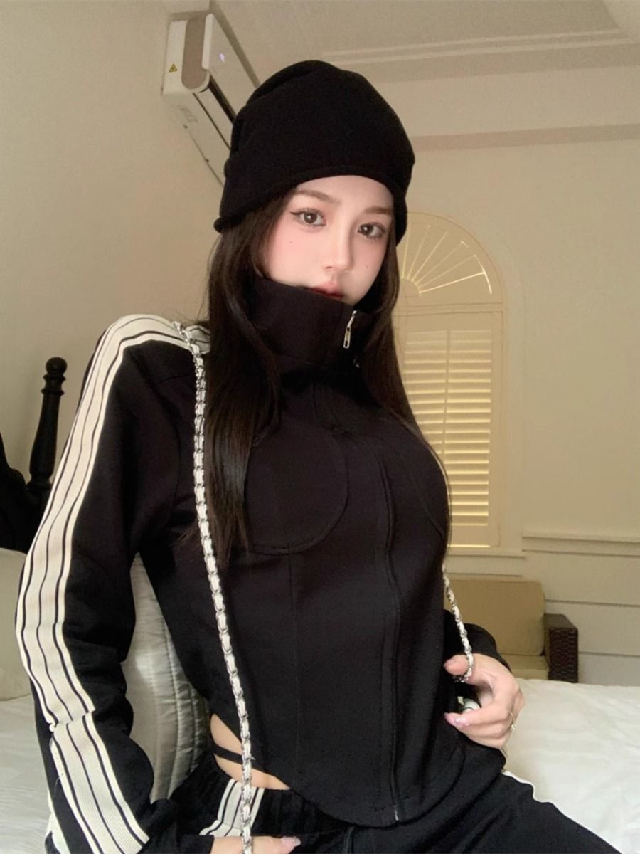 復古秋季長袖美式黑色三條槓外套女立領短款百搭復古運動開衫上衣