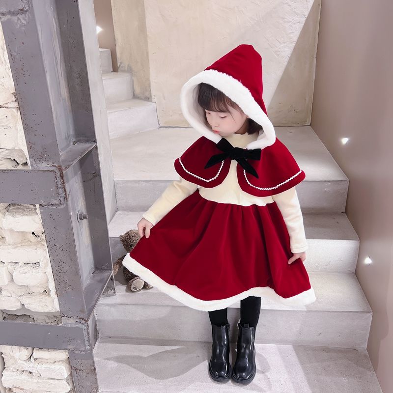 圣诞节秋冬季加绒披肩连帽披肩喜庆小红帽女宝宝周岁公主礼服裙