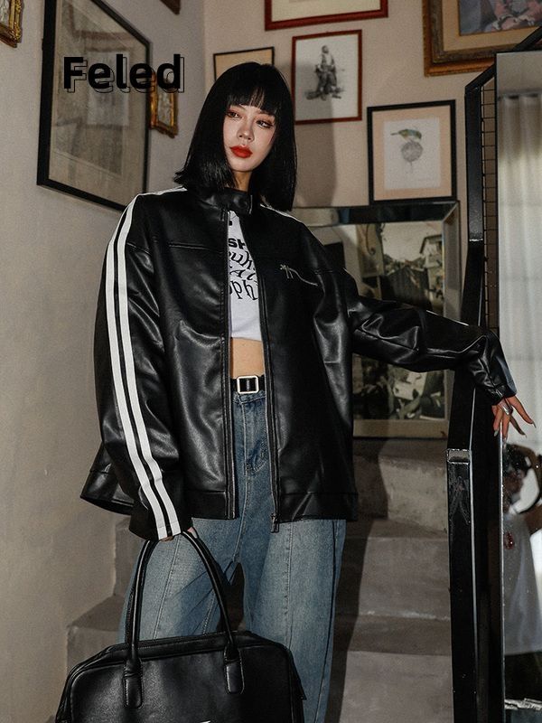 Feila Denton American street style short shoulder leather jacket for men and women autumn new casual pu leather all-match couple jacket