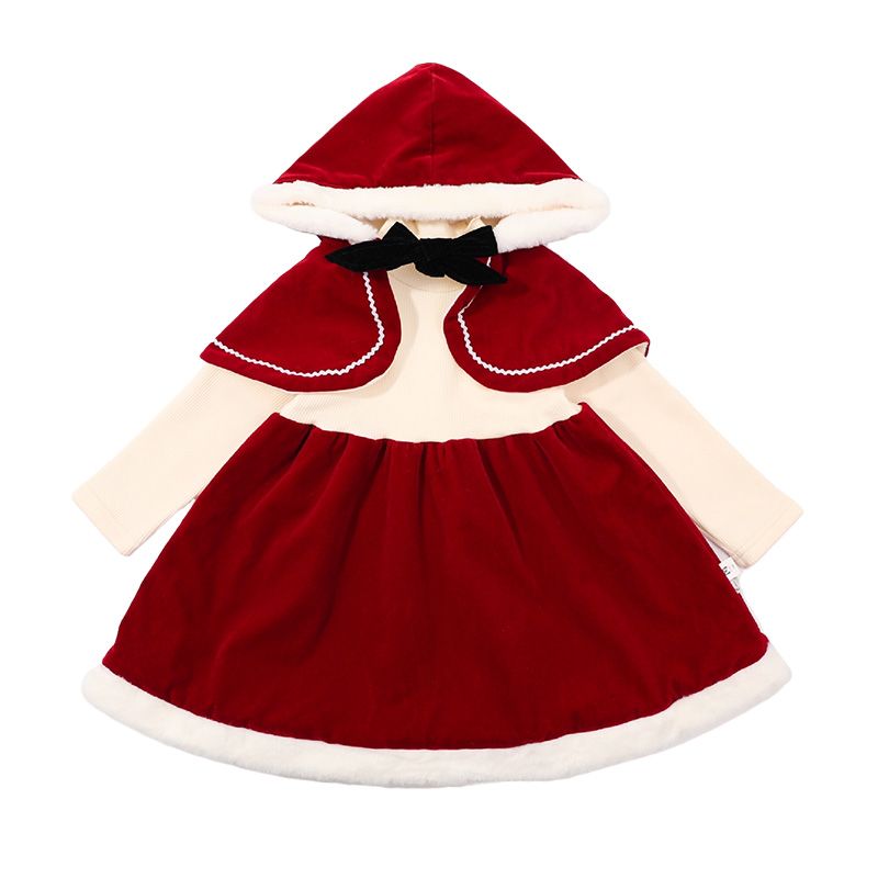 圣诞节秋冬季加绒披肩连帽披肩喜庆小红帽女宝宝周岁公主礼服裙