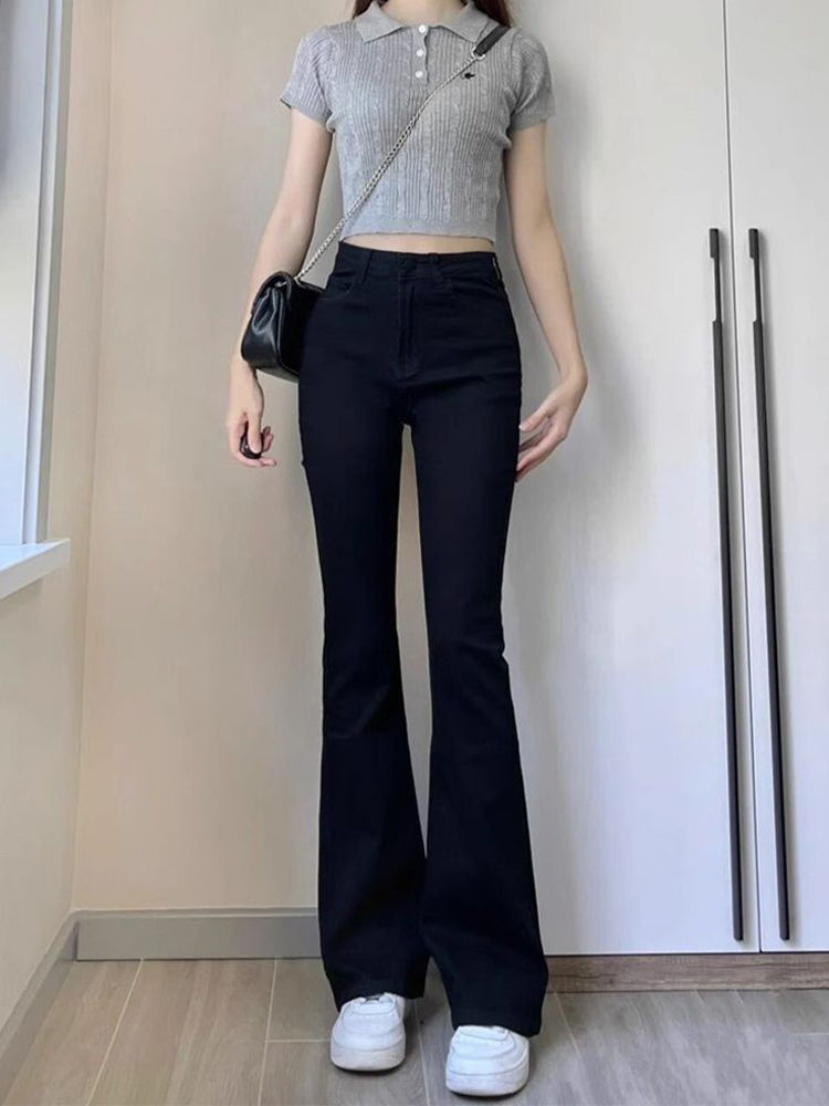黑色不貼腿微喇叭牛仔褲女秋季新款高腰修身顯瘦百搭直筒拖地褲子