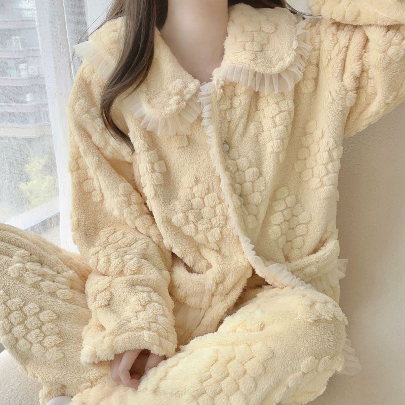 珊瑚絨睡衣女冬季加絨加厚法蘭絨2023新款高級感日系甜美開衫套裝