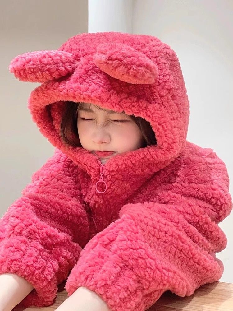 可愛羊羔毛草莓色小熊外套連帽2023冬季女裝小個子加厚慵懶風外套