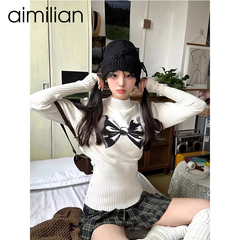 aimilian蝴蝶結半高領針織衫毛衣女秋冬內搭打底衫甜辣妹短款上衣