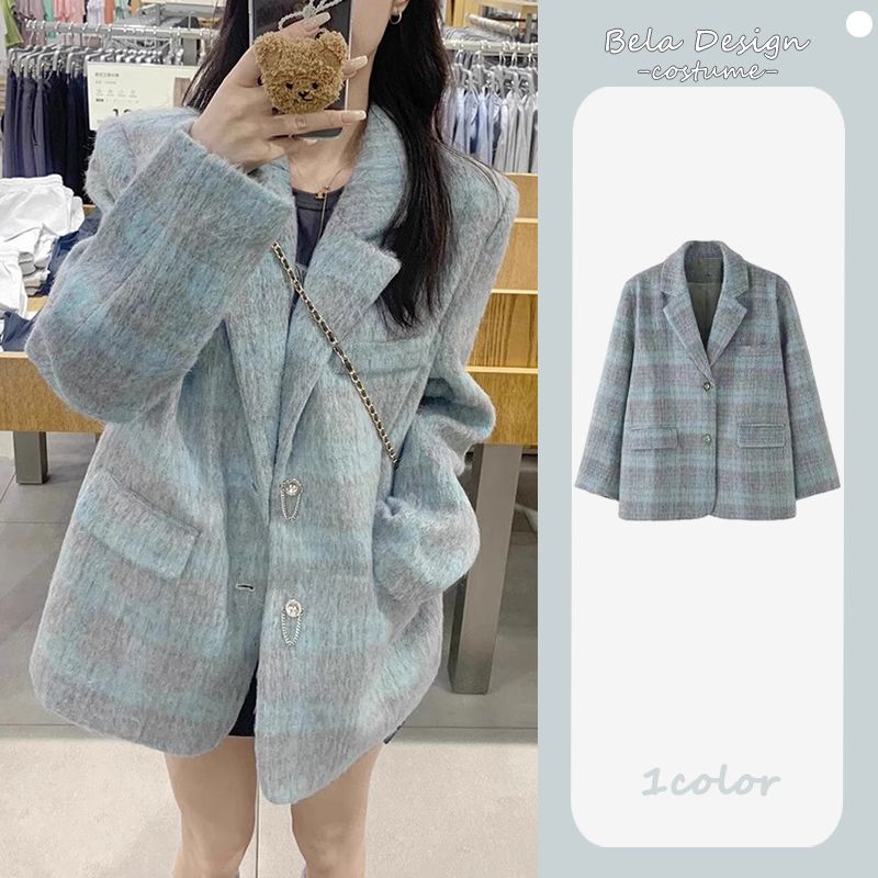 韓版格子毛呢西裝外套女秋冬設計感小眾高級感chic西服夾克上衣潮